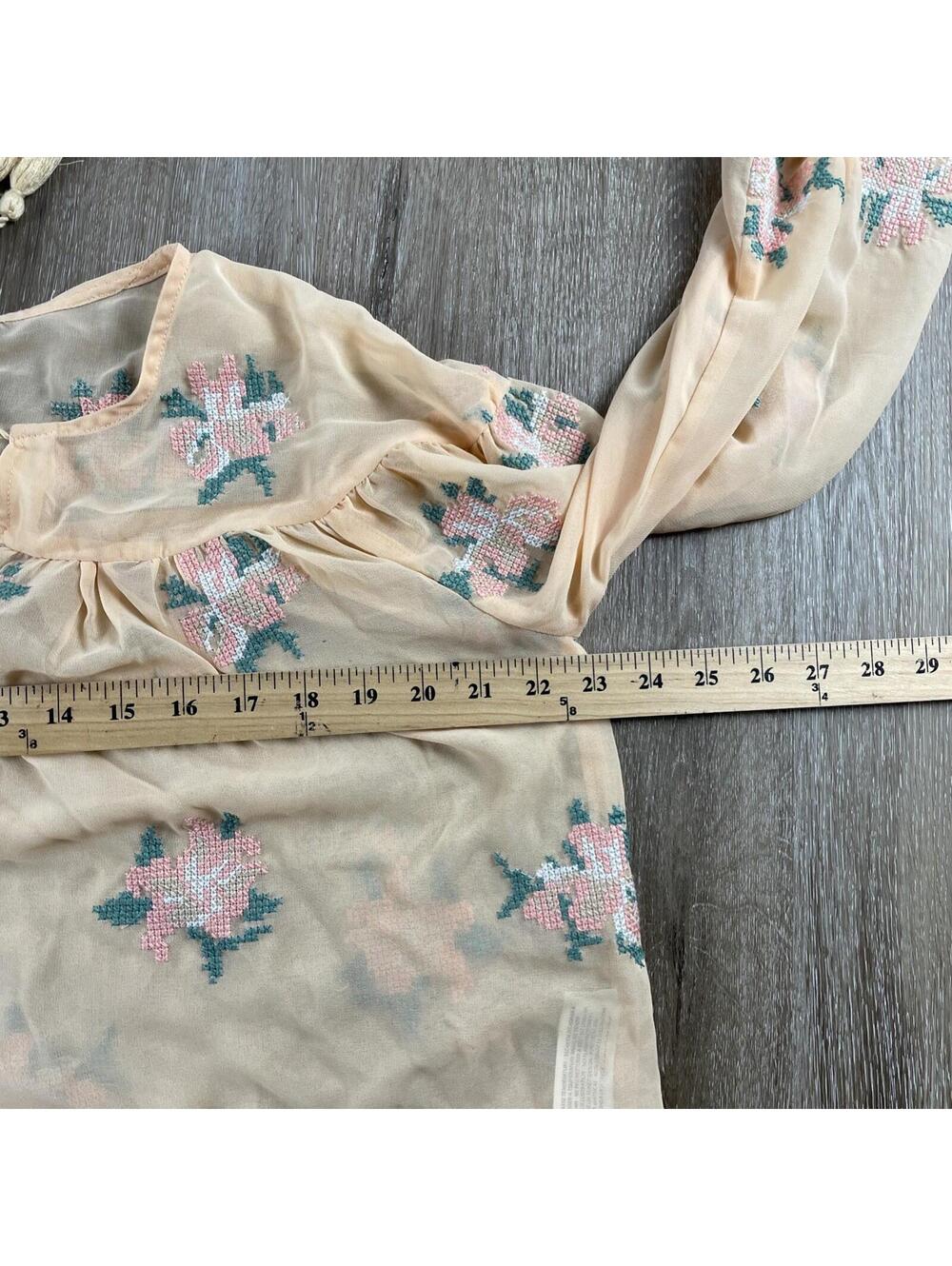 Ariat Women's Roxanne Embroidered Blouse S Boho Floral Sheer Tassel Top - Picture 13 of 16